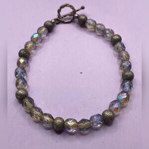 Iridescent AB Faceted Glass Beaded Bracelet Toggle Clasp Stardust Beads 7.5”